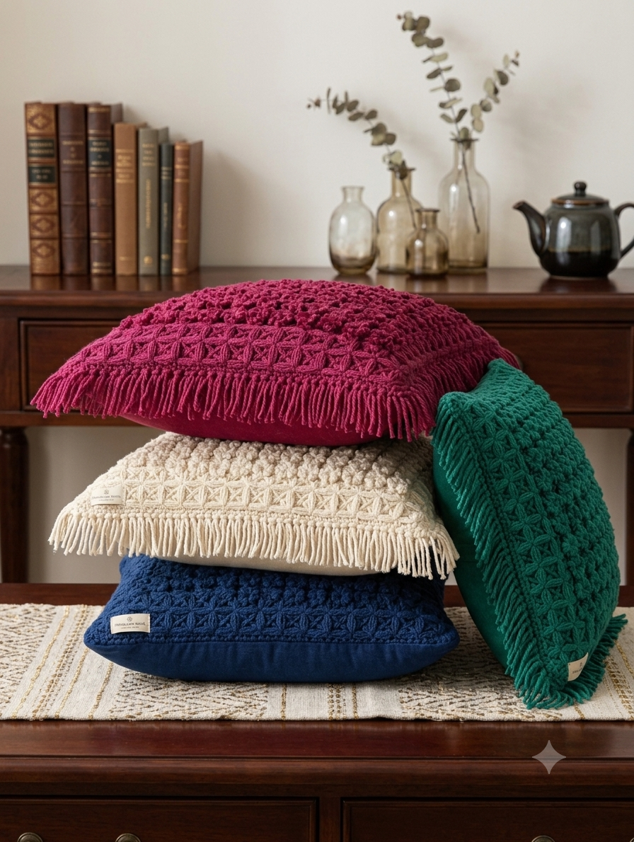 Handcrafted Macramé Cushion Cover with Fringe Details | Textured Tufted Decorative Throw Pillow Cover"Set of 2 Pillow Covers – Rs. 5,450"