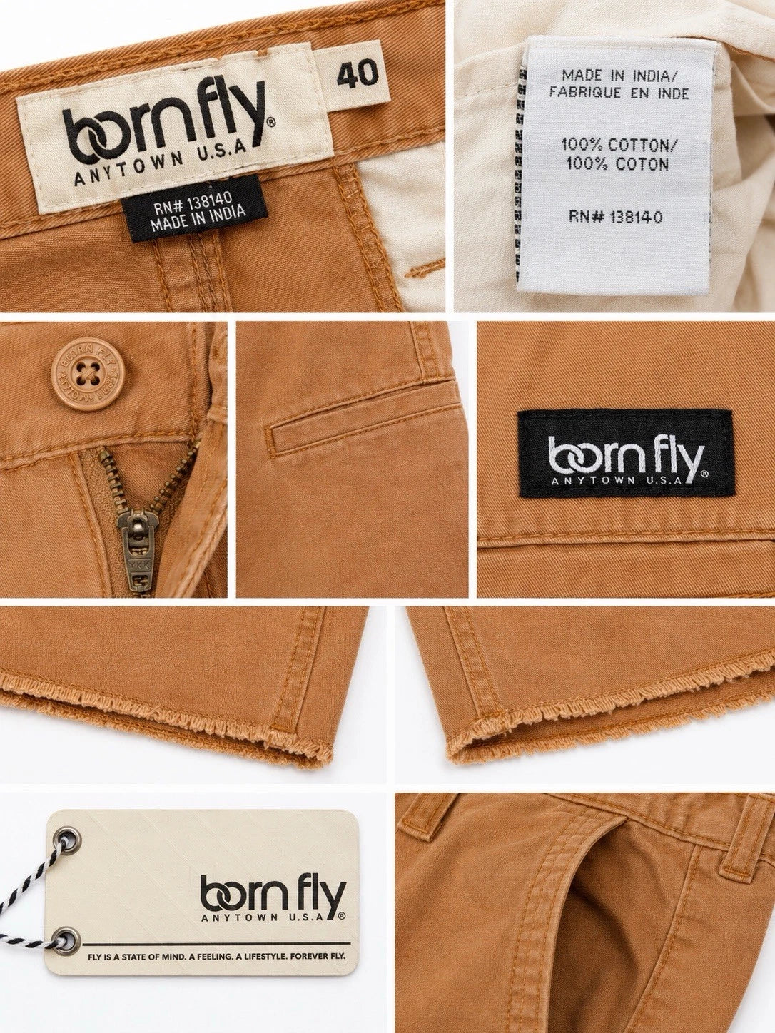 Born Fly Men's Size 40 Wheat Cargo Chino Shorts – Raw Edge Hem Streetwear 100% Cotton Casual Shorts
